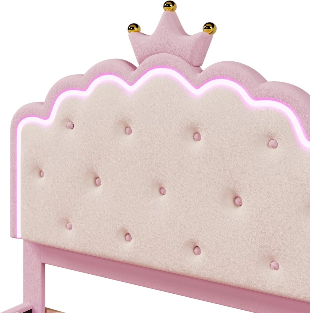 Pat tapițat 140x200 cm cu somieră cu lamele, formă de prințesă moștenitoare, fără saltea, Roz