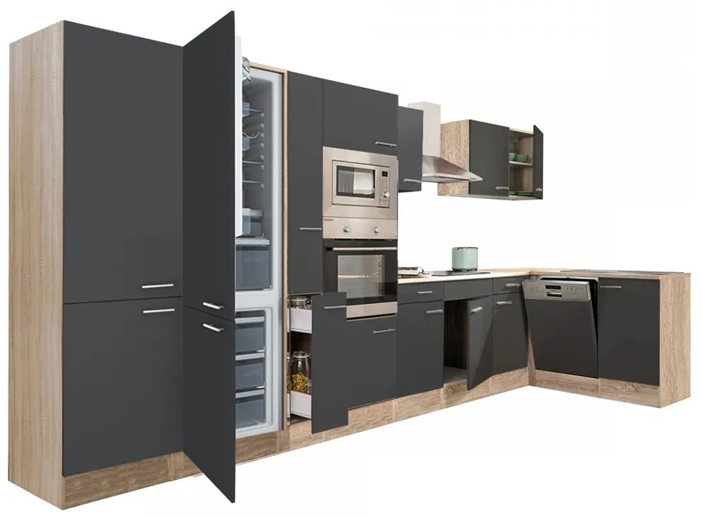 Mobilă de bucătărie de colț Yorki 430, corp din stejar sonoma, față antracit satinat, cu frigider sub blat