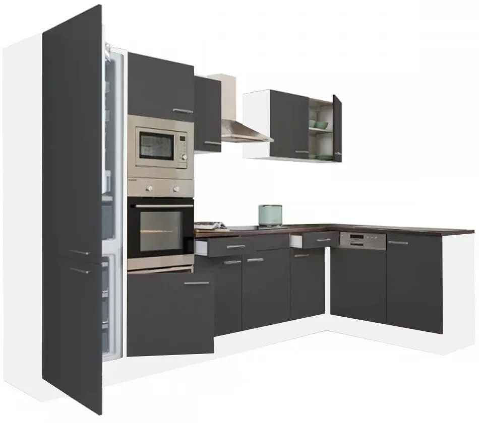 Mobilă de bucătărie de colț Yorki 340, corp alb, față antracit satinat, cu frigider sub blat