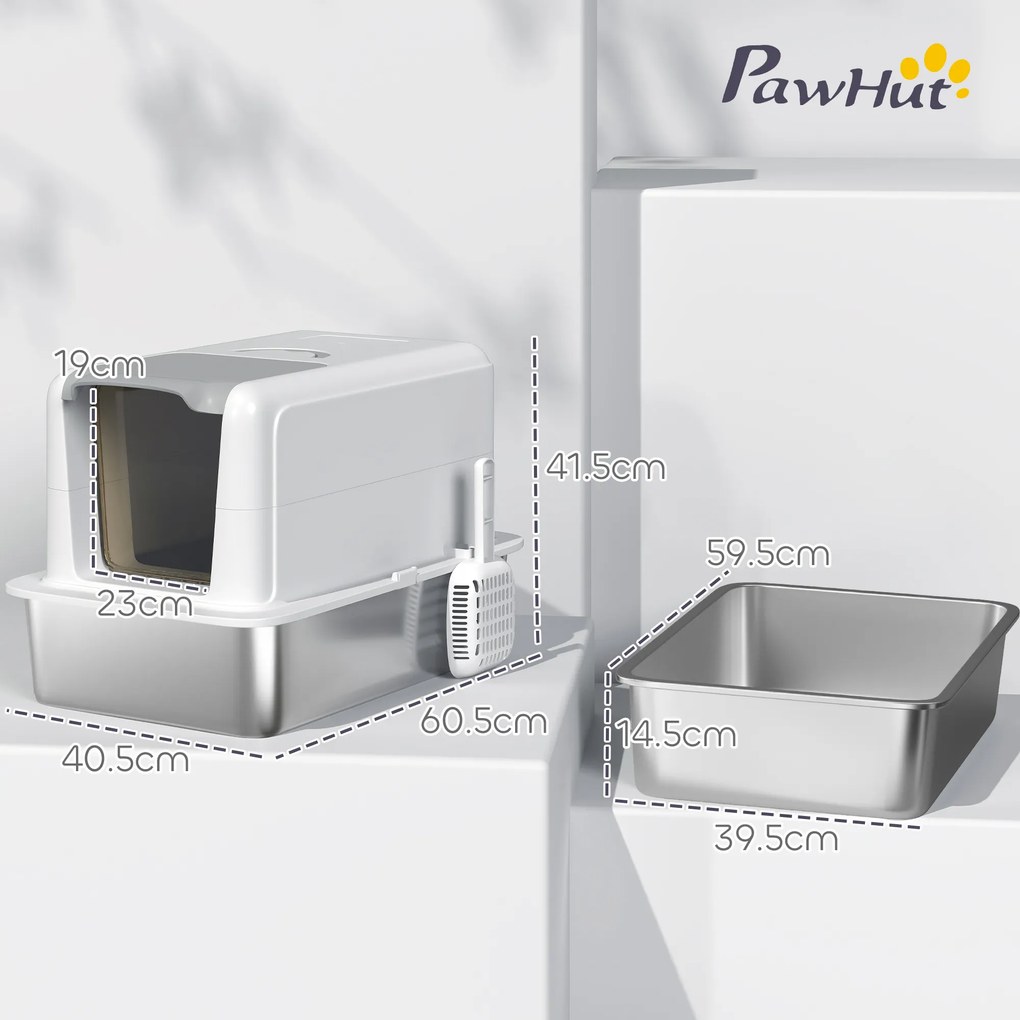 PawHut Toaletă pentru pisici, vas din oțel inoxidabil, filtru, lopată, pentru pisici până la 6 kg, 40,5 x 60,5 x 41,5 cm, Alb/Argintiu | Aosom Romania