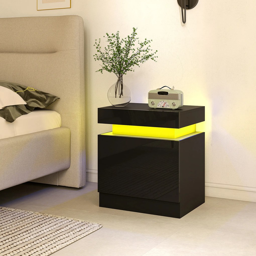 HOMCOM Set 2 Noptiere cu LED și 4 Moduri, 2 Sertare, Lemn, 45x35x52 cm, Negru Lucios | Aosom Romania