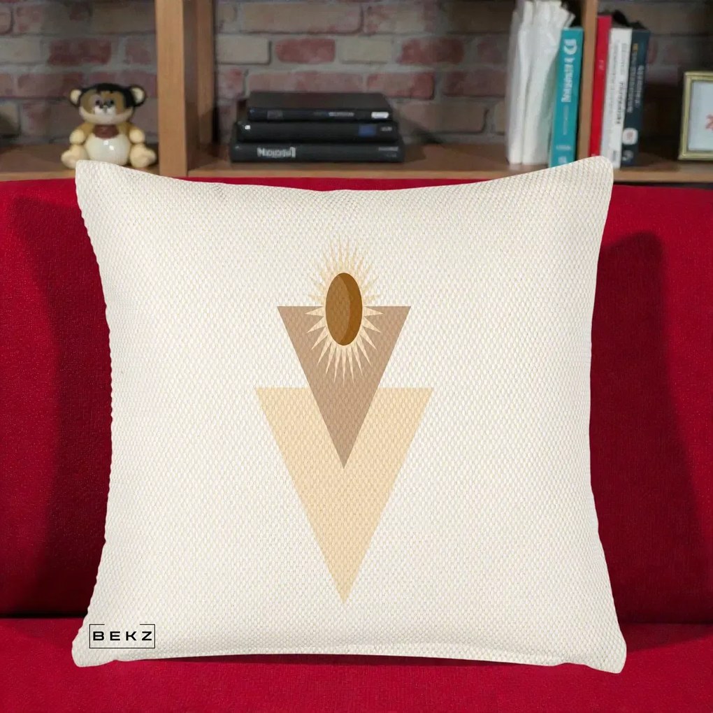Perna Decorativa Boho Sun cu Triunghiuri Bej si Oval Solar, 40x40 cm, Crem Reliefat, Husa Detasabila, Perna Inclusa, BEKZ®