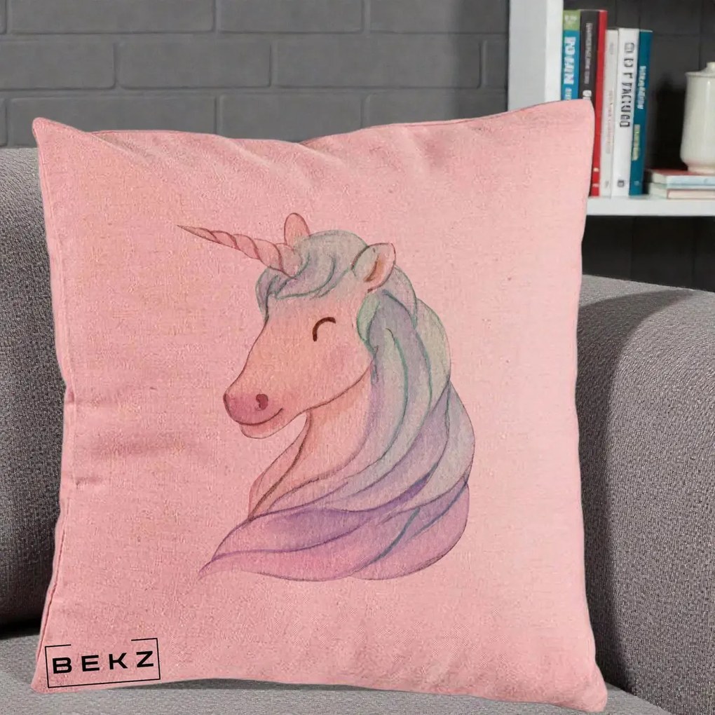 Perna Decorativa Unicorn Acuarela Pastel, 40x40 cm, Roz, Husa Detasabila, Perna Inclusa, BEKZ®