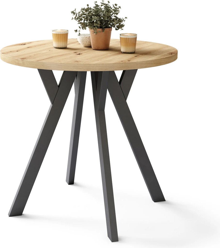 Mazzoni ALMO 80 Stejar Artisan/picioare negre - MASĂ ROTUNDĂ CU PICIOARE Y LOFT/INDUSTRIAL PENTRU BUCĂTĂRIE LIVING SAU SUFRAGERIE