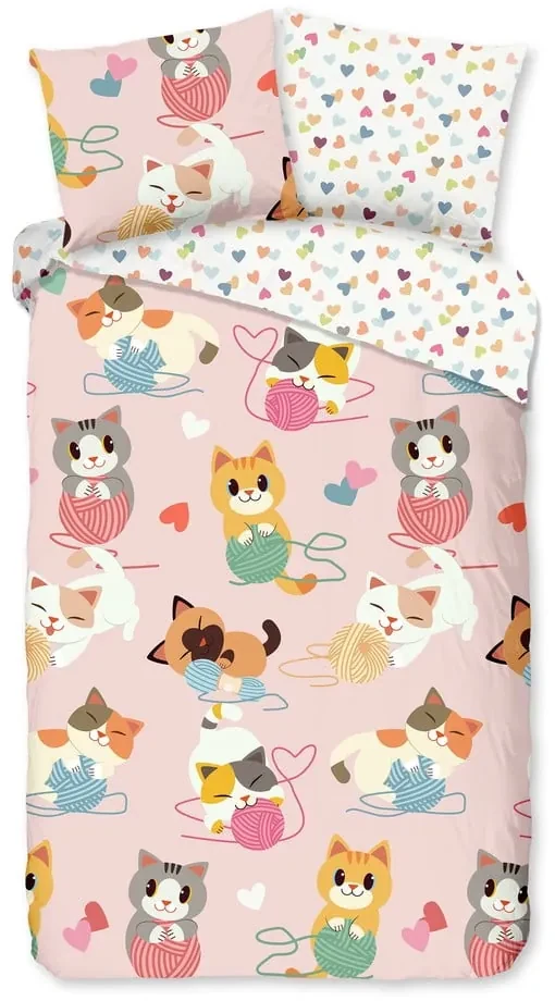 Lenjerie de pat din bumbac pentru copii Good Morning Kitty, 140 x 220 cm