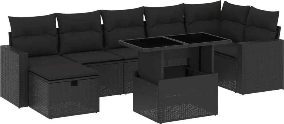 vidaXL Set mobilier de grădină cu perne, 8 piese, negru, poliratan
