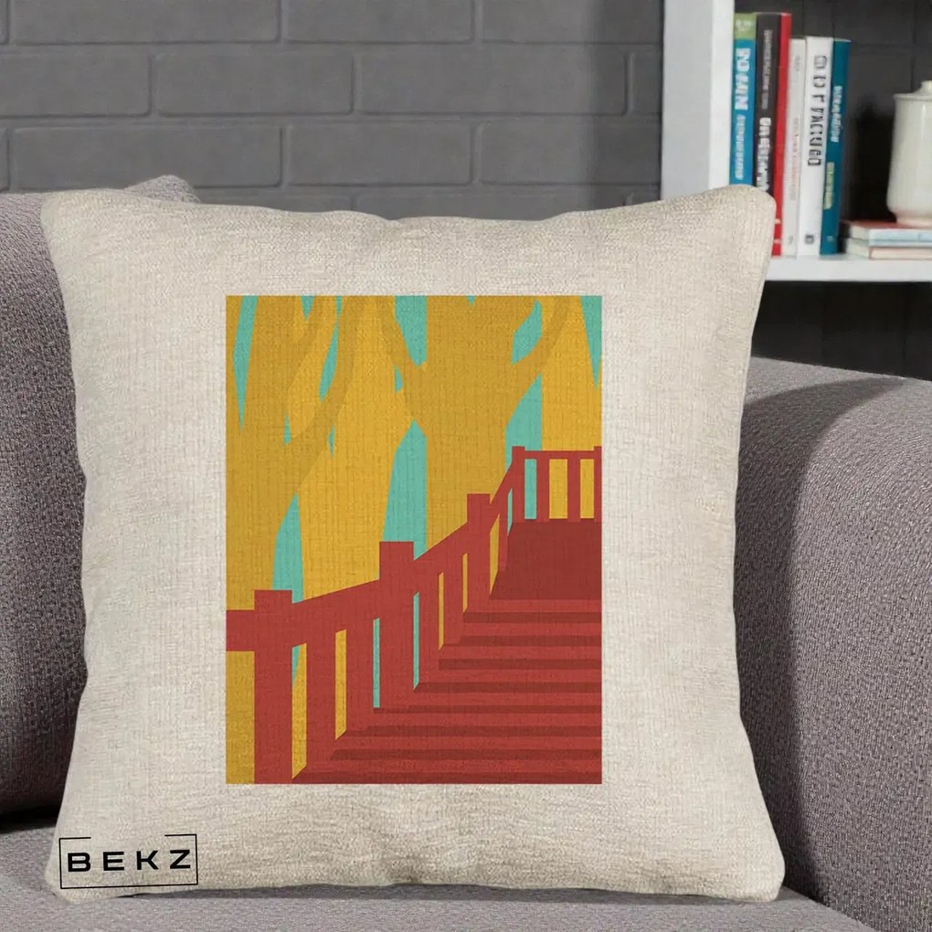 Perna Decorativa Scari Toamna Peisaj Grafic, 40x40 cm, Bej Canapea, Husa Detasabila, Perna Inclusa, BEKZ®
