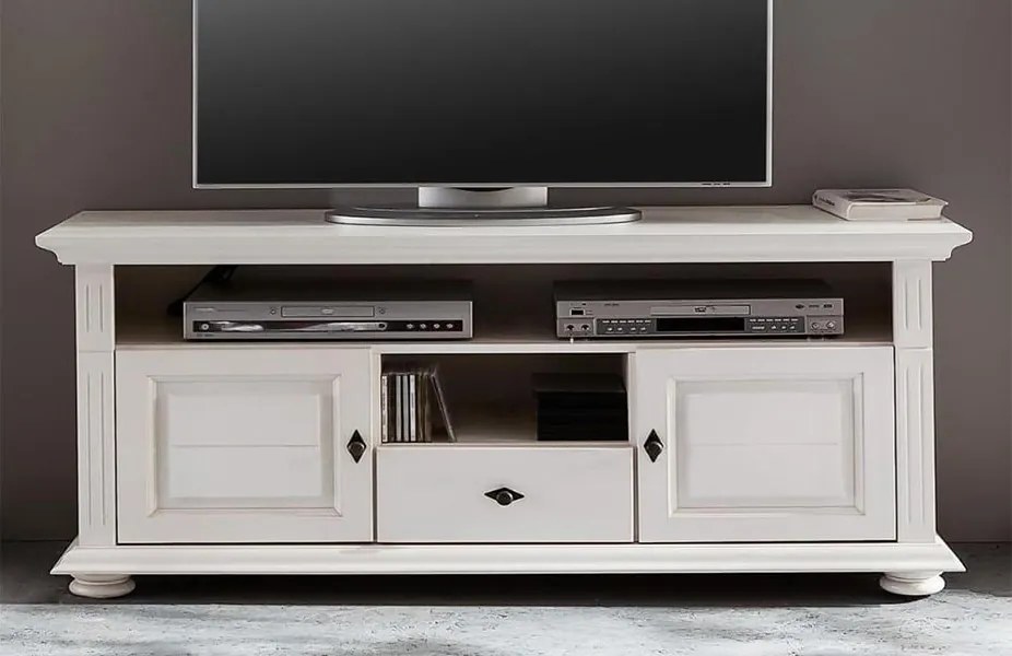 Comodă TV lemn masiv alb Ariana, 137 × 45 × 65 cm