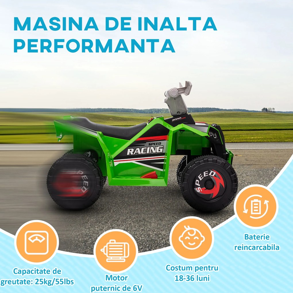 HOMCOM Quad pentru Copii 18-36 Luni din PP și Metal cu Roți Rezistente, Viteză Max 2.5 km/h, Design Aventurier, Verde Gri și Negru | Aosom Romania