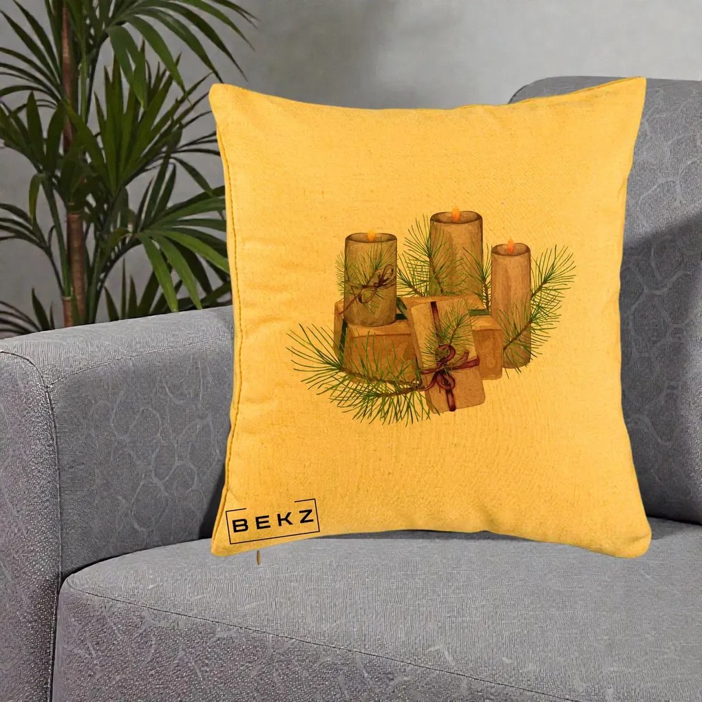 Perna Decorativa Lumanari cu Cadouri Naturale, 40x40 cm, Galben, Husa Detasabila, Perna Inclusa, BEKZ®