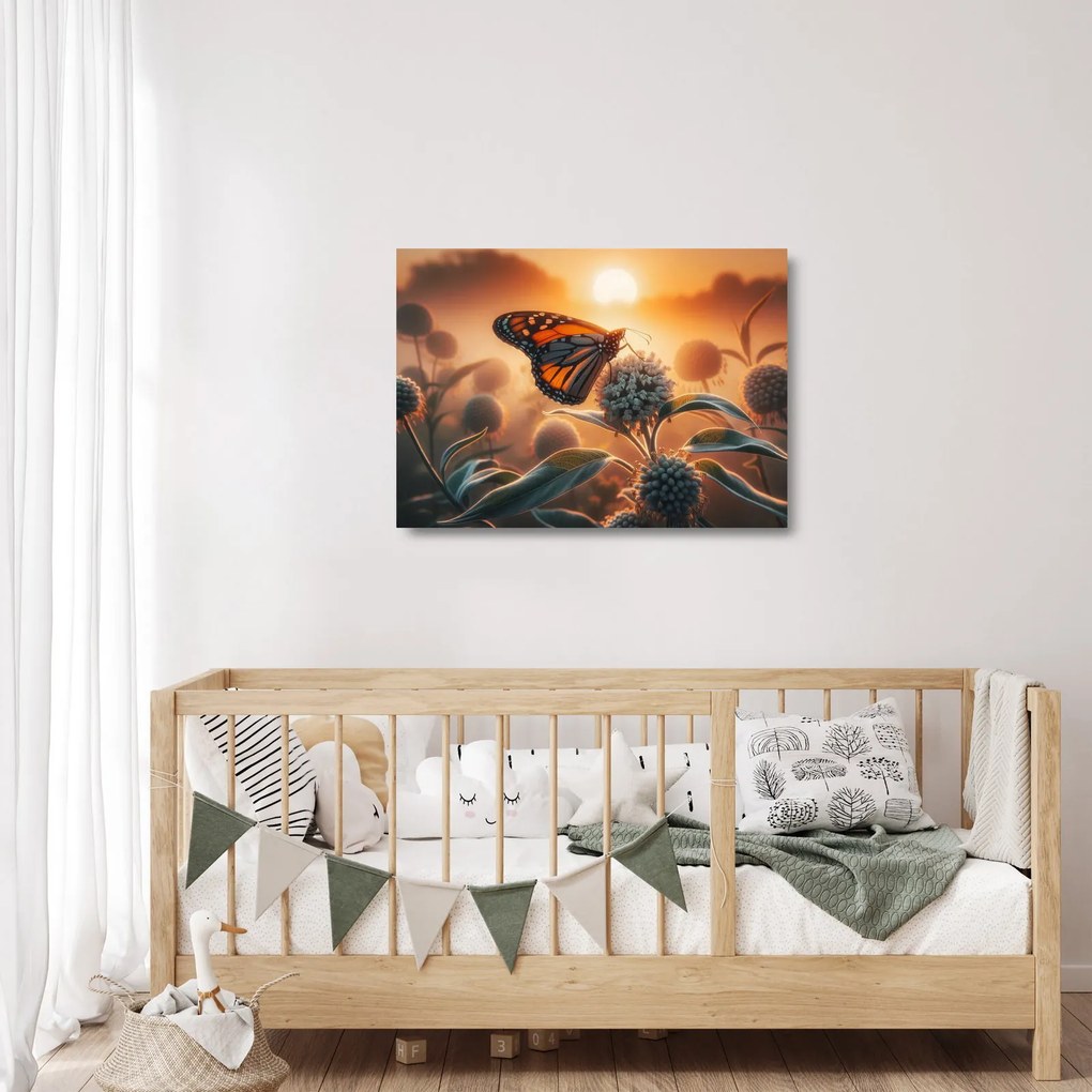 Tablou pe sticlă – Fluture în soare apunând (70x50 cm)