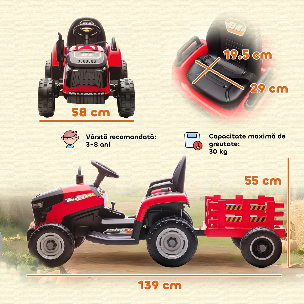 AIYAPLAY 2 în 1 Tractor Electric pentru Copii 3-8 Ani cu Remorcă Detașabilă, Telecomandă, Muzică, Lumini, Roșu | Aosom Romania