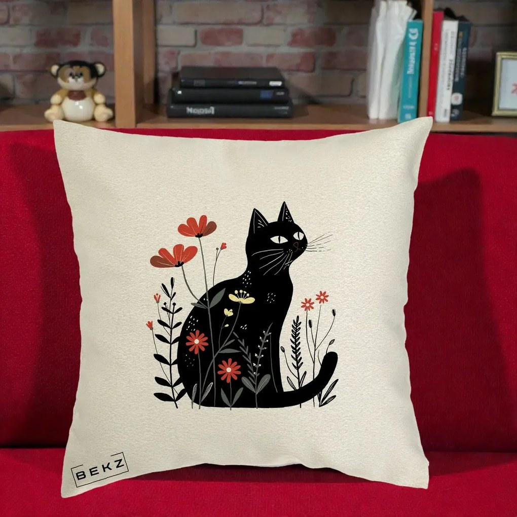 Perna Decorativa Pisica Neagra Flori Rosii Folk, 40x40 cm, Ecru, Husa Detasabila, Perna Inclusa, BEKZ®