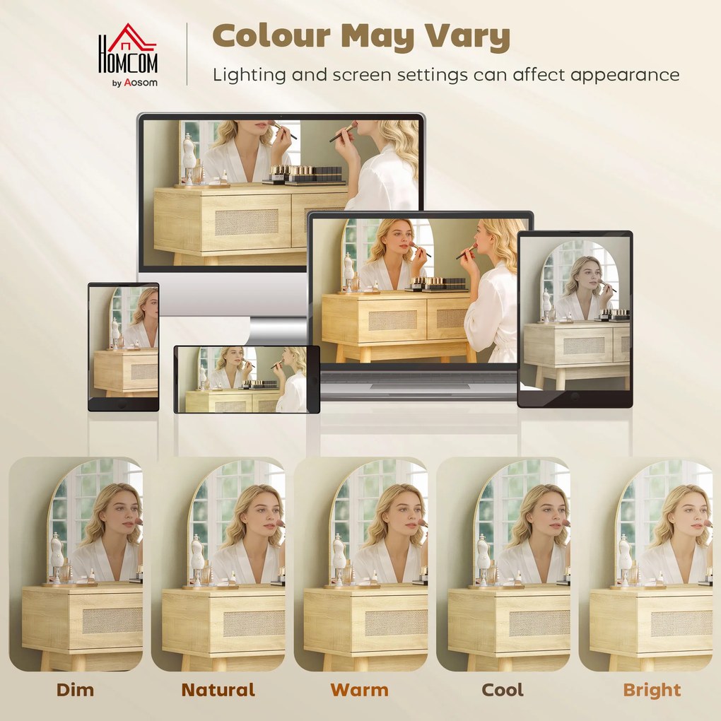 HOMCOM Masă de Machiaj cu Oglindă Arcuată 2 Sertare cu Față din Ratan pentru Spații Mici Natural | Aosom Romania