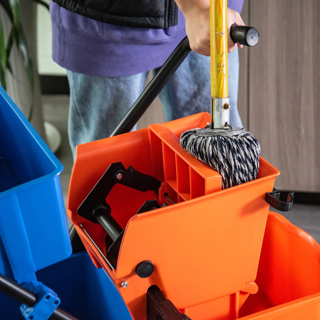 HOMCOM Cărucior de curățenie profesionist, cărucior de lavare cu presă laterală și 2 găleți de 26 L + coș pentru depozitare 78 x 45 x 95 cm portocaliu | Aosom Romania