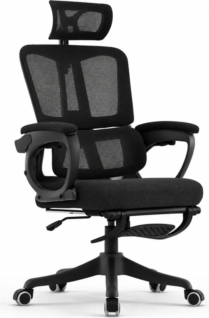RESIGILAT- Scaun ergonomic cu suport lombar, tetieră reglabilă, suport pentru picioare, pivotant, Mesh, Negru