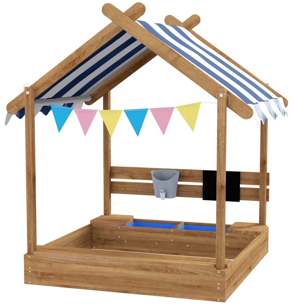 Outsunny Nisip pentru copii in forma de casa din lemn cu copertina 2 bazine chiuveta tabla 124 x 116 x 146 cm negru | Aosom Romania