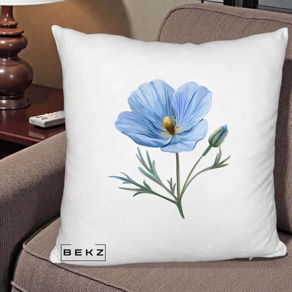 Perna Decorativa Mac Albastru Acuarela, 40x40 cm, Alb Pufos, Husa Detasabila, Perna Inclusa, BEKZ®