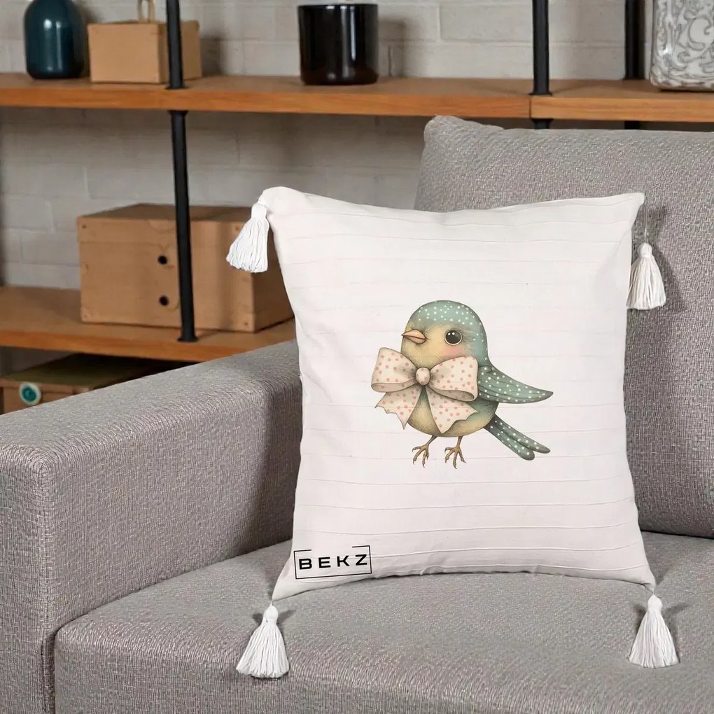 Perna Decorativa Pasare Teal cu Fundita cu Buline, 40x40 cm, Bej cu Franjuri, Husa Detasabila, Perna Inclusa, BEKZ®