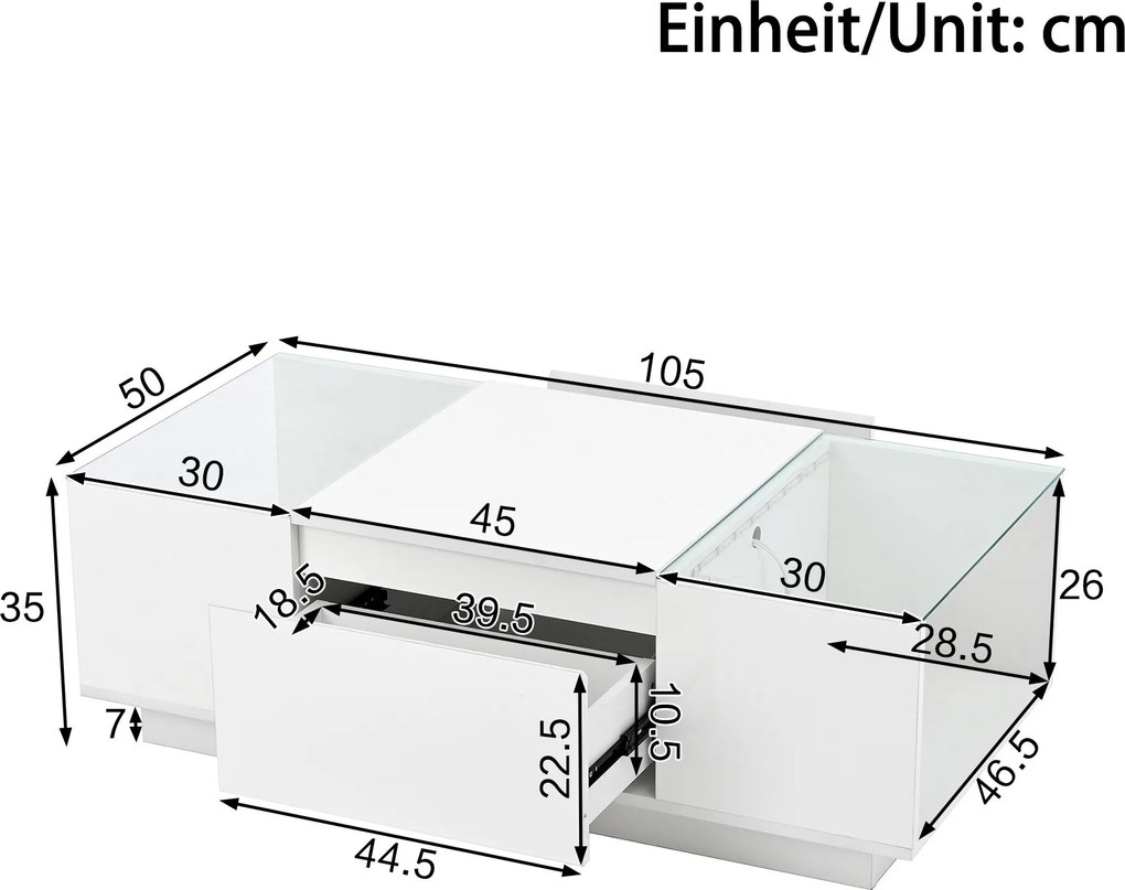 Masă de cafea cu spațiu de depozitare, iluminare ambientală LED, blat din sticlă și 2 sertare, 105x50x35 cm, Alb