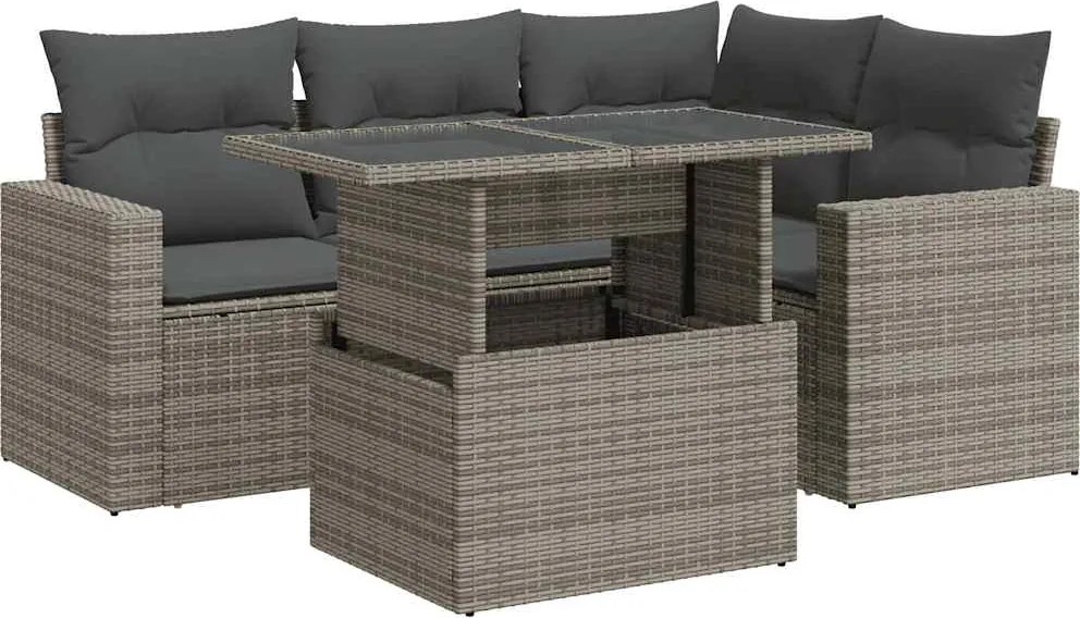 vidaXL Set canapea de grădină cu perne, 5 piese, gri, poliratan