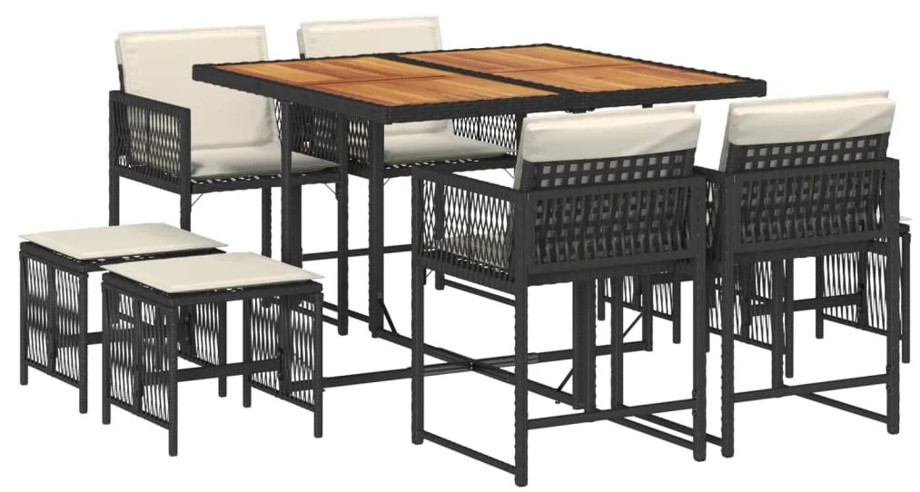 3211503 vidaXL Set mobilier de grădină cu perne, 9 piese, negru, poliratan