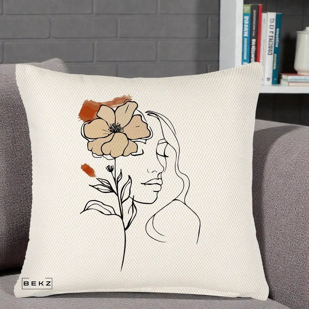 Perna Decorativa Portret Feminin Floare Bej Terracotta, 40x40 cm, Crem Reliefat, Husa Detasabila, Perna Inclusa, BEKZ®