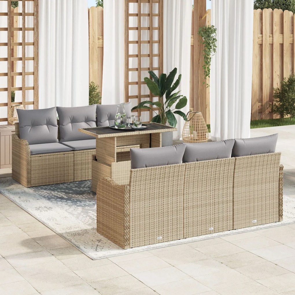 vidaXL Set de canapele pentru grădină cu pernă 7 pcs Bej Rattan poli