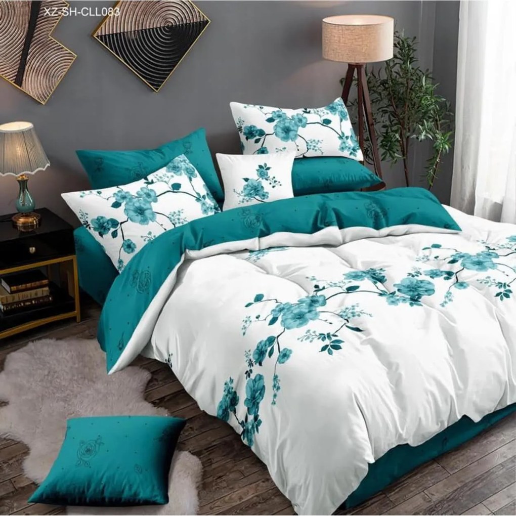 Lenjerie de pat, tesatura tip finet, 6 piese, pat 2 persoane, alb / turquoise, FNY-53