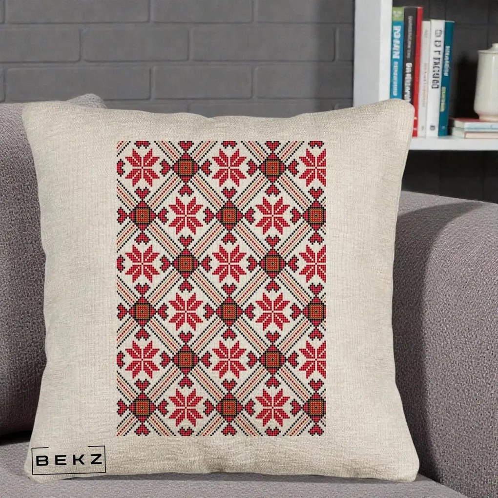 Perna Personalizata Motiv Traditional Ie Romaneasca Rosu, 40x40 cm, Bej Canapea, Husa Detasabila, Perna Inclusa, BEKZ®