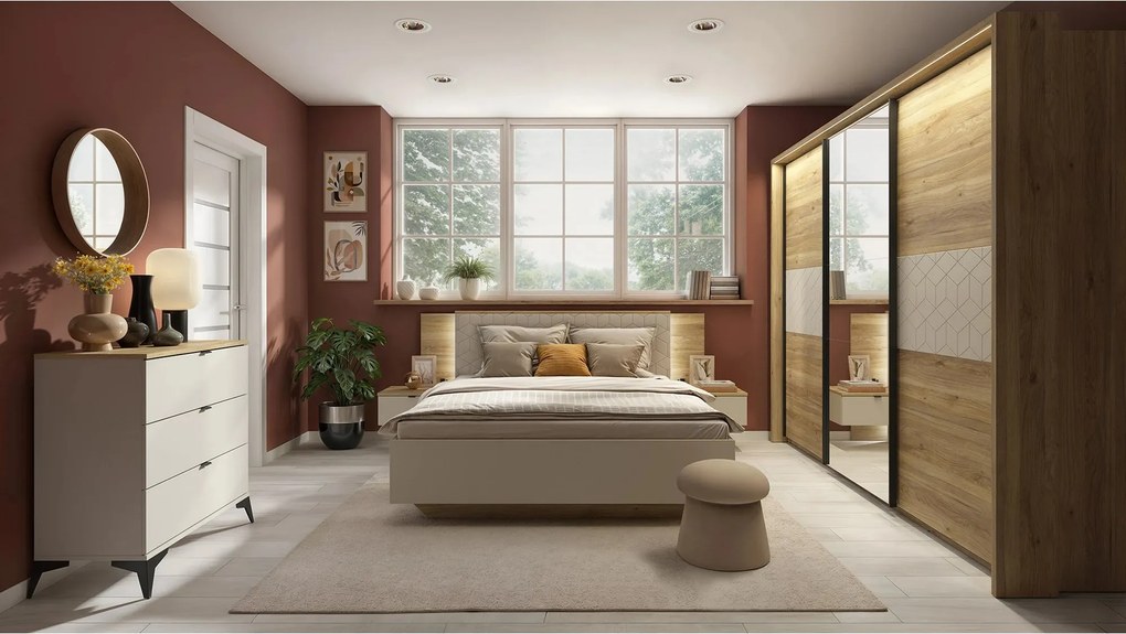 Set dormitor GLAMOUR, casmir/stejar, pat 160x200, dulap cu 3 usi, 2 no