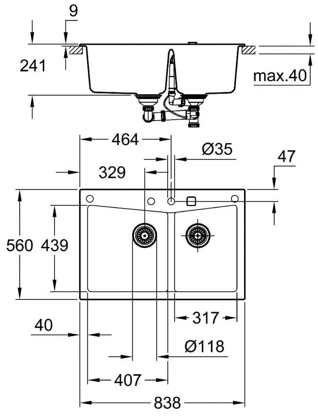 Chiuveta dubla de bucatarie Quartz composite Grohe K700, montare pe/sub blat, evacuare automata, 2 cuve, gri antracit - 31657AT0