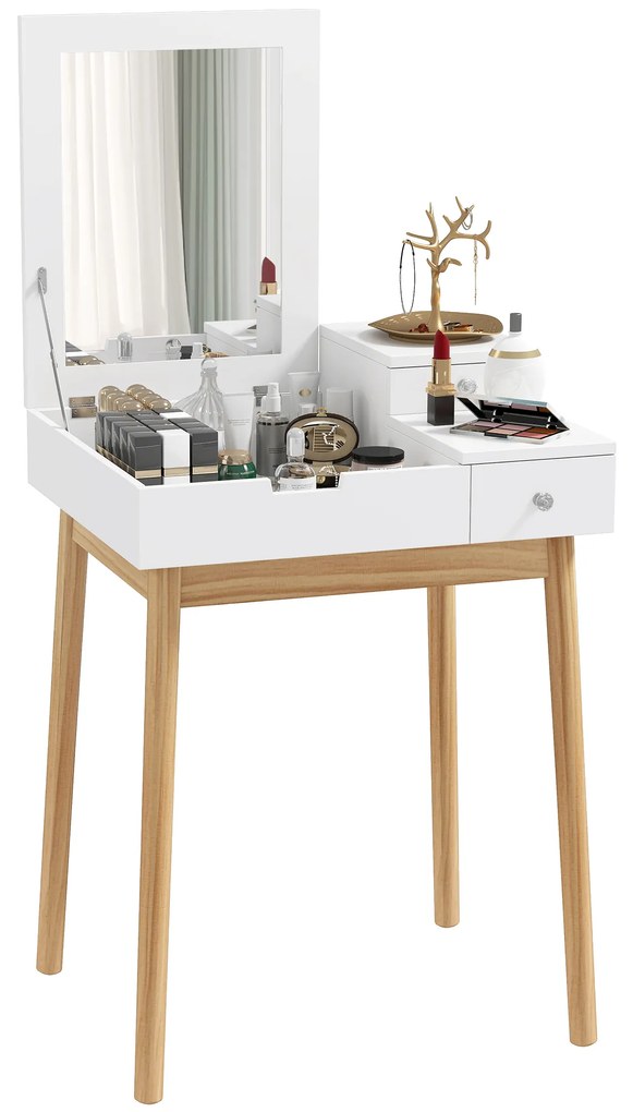 HOMCOM Masă de toaletă cu oglindă, masă de machiaj în stil modern - 2 sertare, oglindă rabatabilă pentru dormitor, living, 60 x 50 x 85,5 cm alb | Aosom Romania