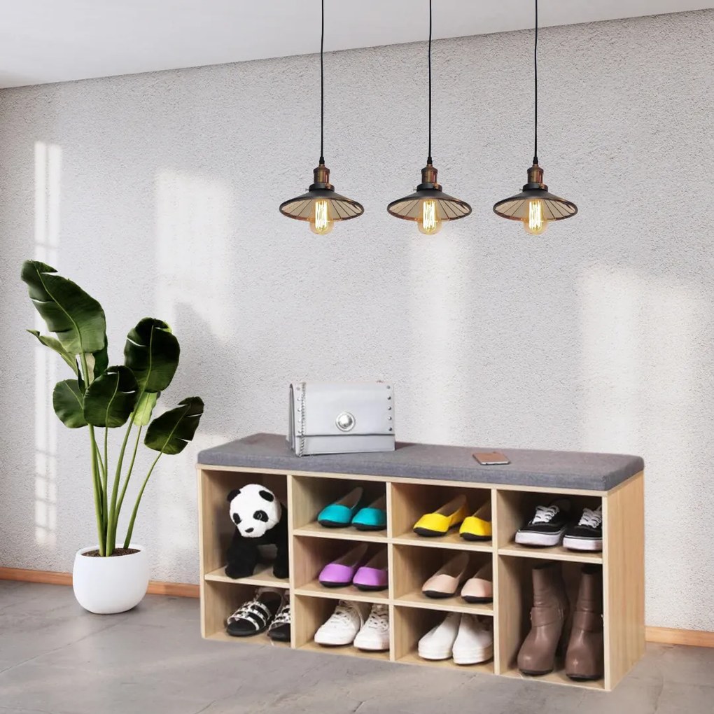 Pantofar cu bancă tapițată GABI, 10 compartimente, 104x30x48cm, gri/maro deschis Jurhan