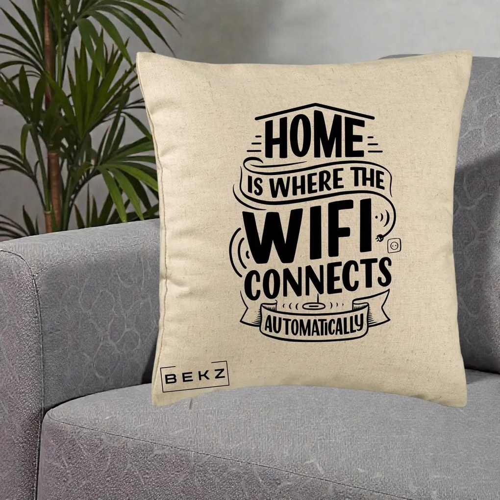 Perna Decorativa Home Is Where WiFi Connects, 40x40 cm, Bej, Husa Detasabila, Perna Inclusa, BEKZ®