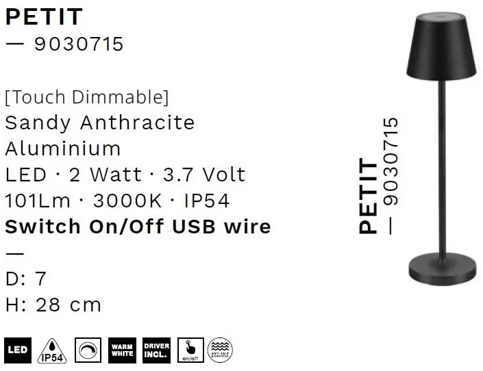 Veioza/Lampa de masa LED portabila exterior IP54 PETIT antracit