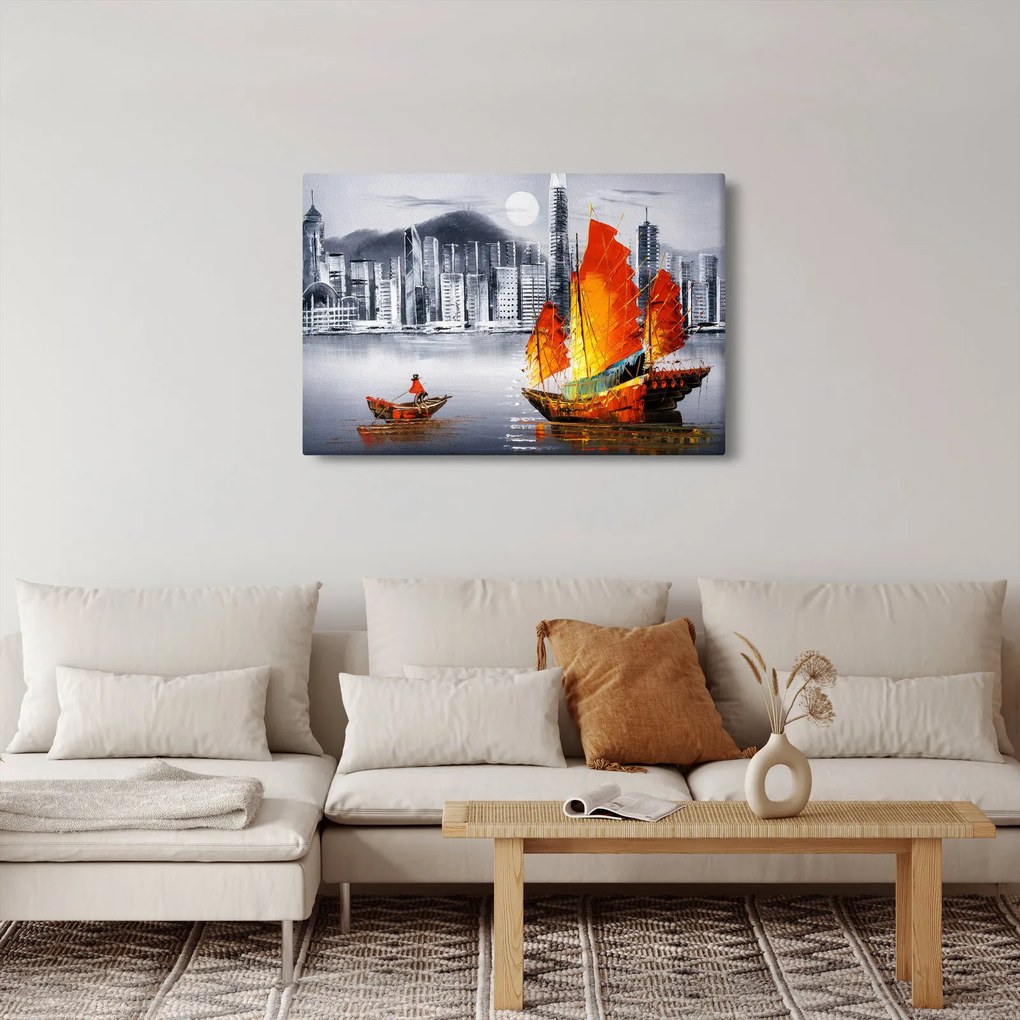 Tablou - Victoria Harbour, Hong Kong, pictură în ulei alb- negru (90x60 cm)