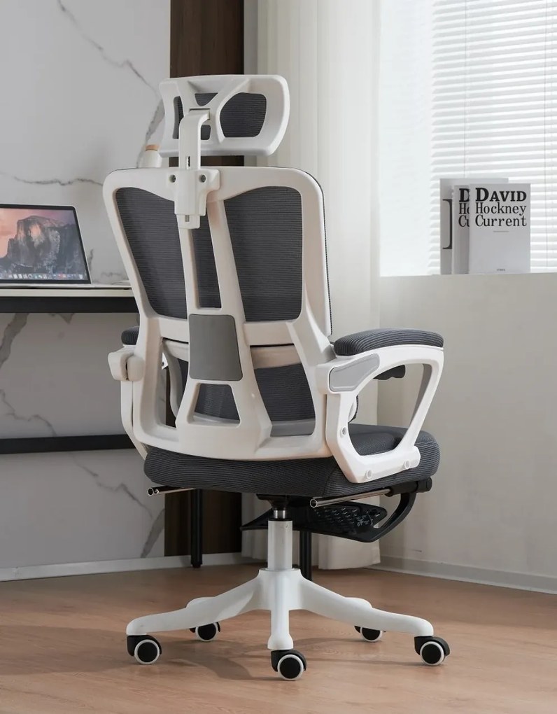 Scaun ergonomic cu suport lombar, tetieră reglabilă, suport pentru picioare, pivotant, Mesh, Alb/Gri