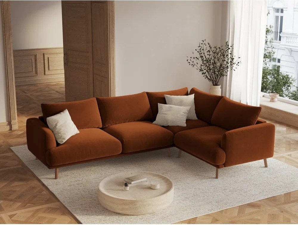 Colțar teracotă cu tapițerie din catifea (cu colț pe partea dreaptă/în formă de ”L”) Naomi – Micadoni