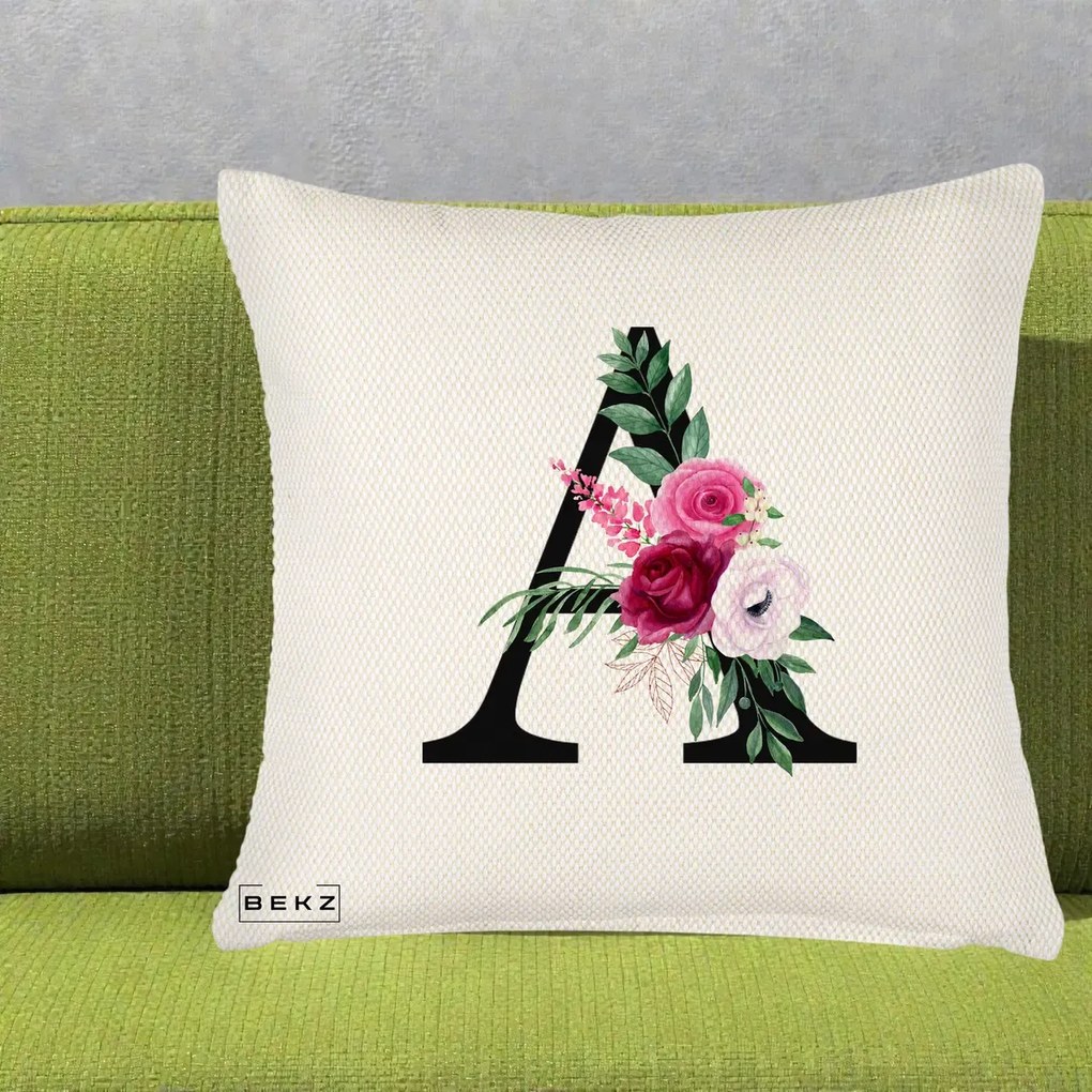 Cadou Personalizat - Perna Personalizata Monograma Florala Litera A, 40x40 cm, Crem Reliefat, Husa Detasabila, Perna Inclusa, BEKZ®