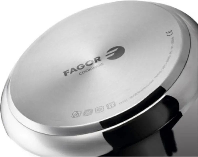 Oală sub presiune Fagor Level, 6 l, 90 kPa, 22 cm, 5 sisteme de protecție, fund cu 3 straturi, compatibilă cu plitele cu inducție, argintie