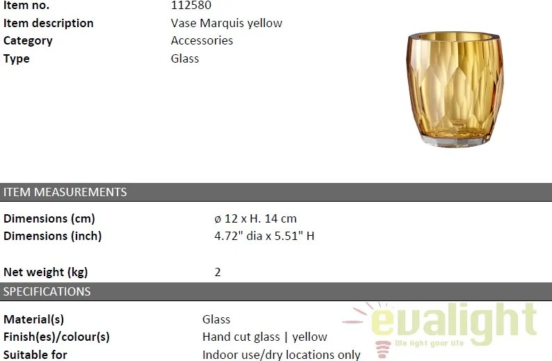 Vas decorativ din sticla design elegant Marquis galben 112580 HZ