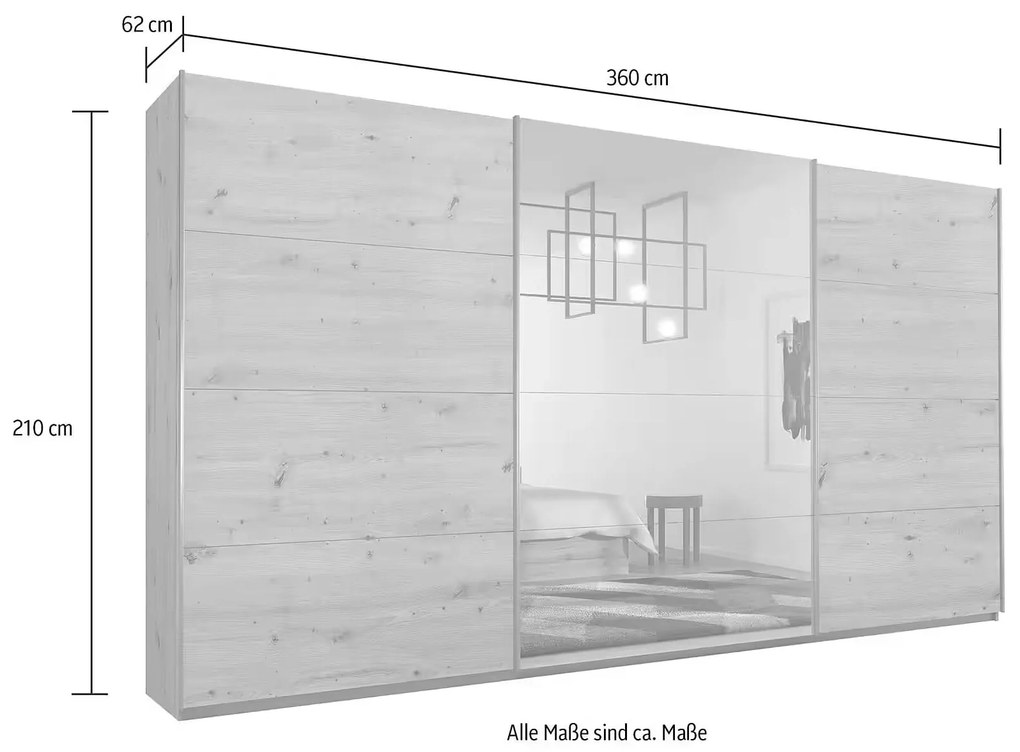 Dressing 360 cm lungime, 3 uși glisante, oglindă pe mijloc, culoare stejar, compartimentare premium, 210 cm înălțime