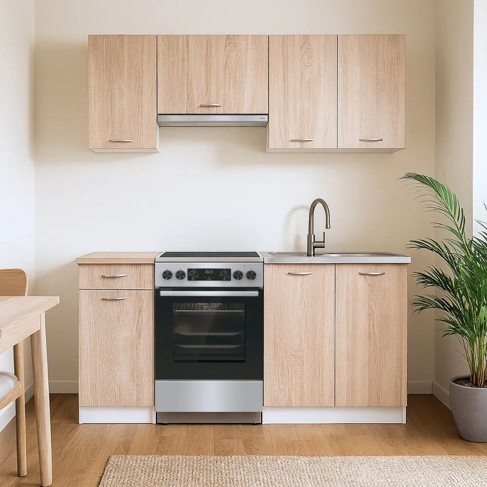 Mobilă de bucătărie Praktik 180, corp alb, față stejar sonoma