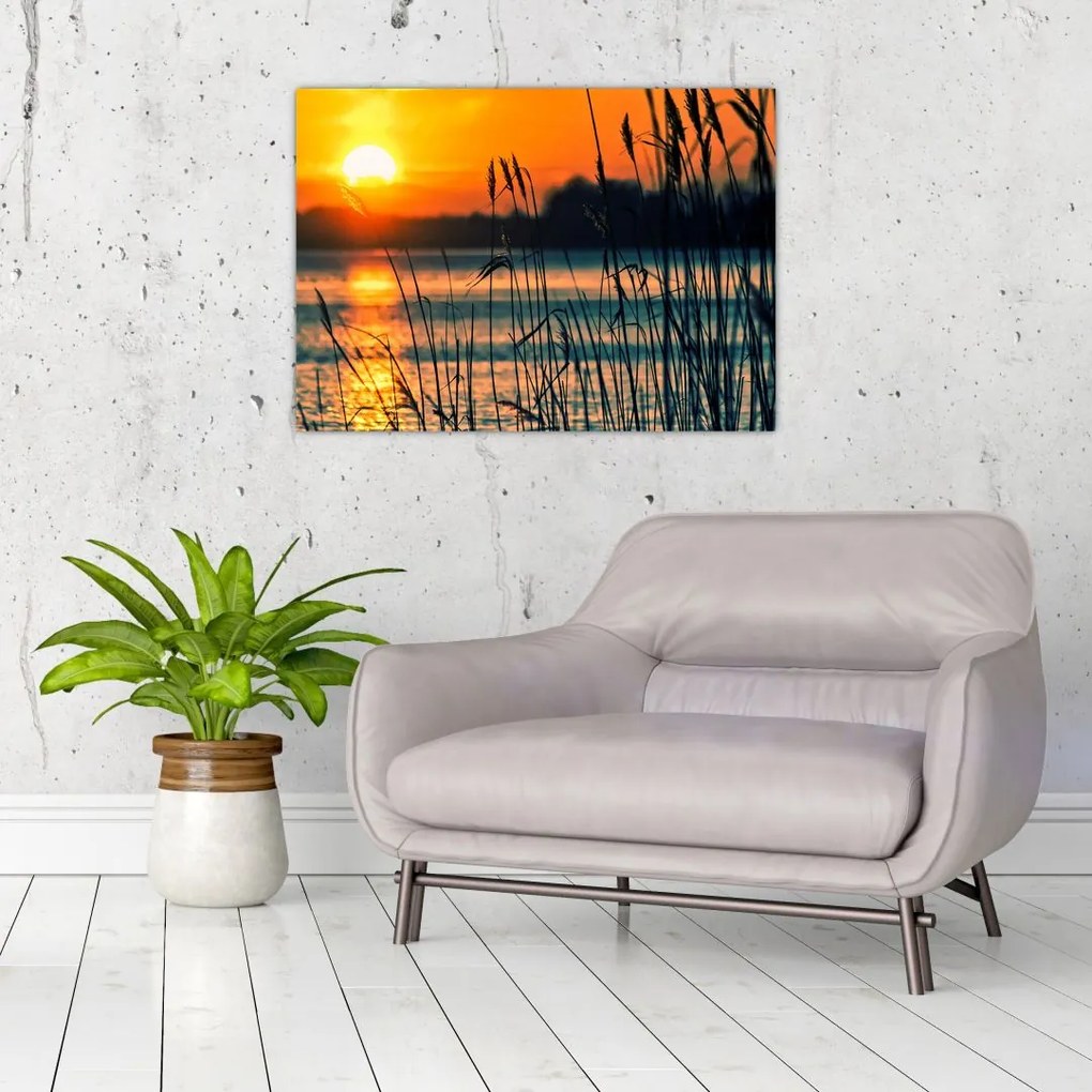 Tablou pe sticlă - Apus de soare la lac (70x50 cm)