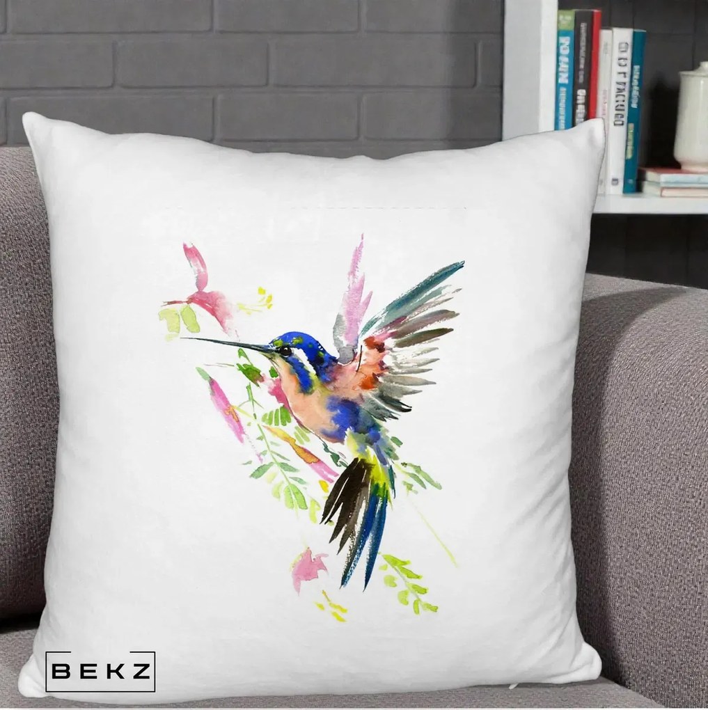 Perna Decorativa Colibri Acuarela, 40x40 cm, Alb Pufos, Husa Detasabila, Perna Inclusa, BEKZ®
