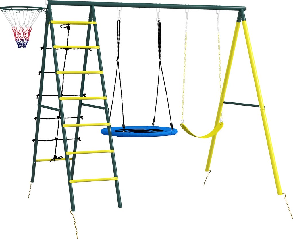 Outsunny Leagăn pentru copii 4 în 1 cu Leagăn tip Cuib și individual Plasă de cățărat Coș de baschet Scară Galben | Aosom Romania