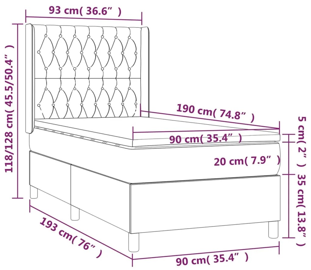 Pat box spring cu saltea, gri inchis, 90x190 cm, textil Morke gra, 90 x 190 cm, Design cu nasturi