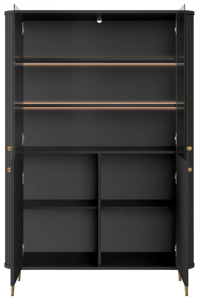 Vitrină Vesper 103 cm cu 4 uși - negru / picioare aurii