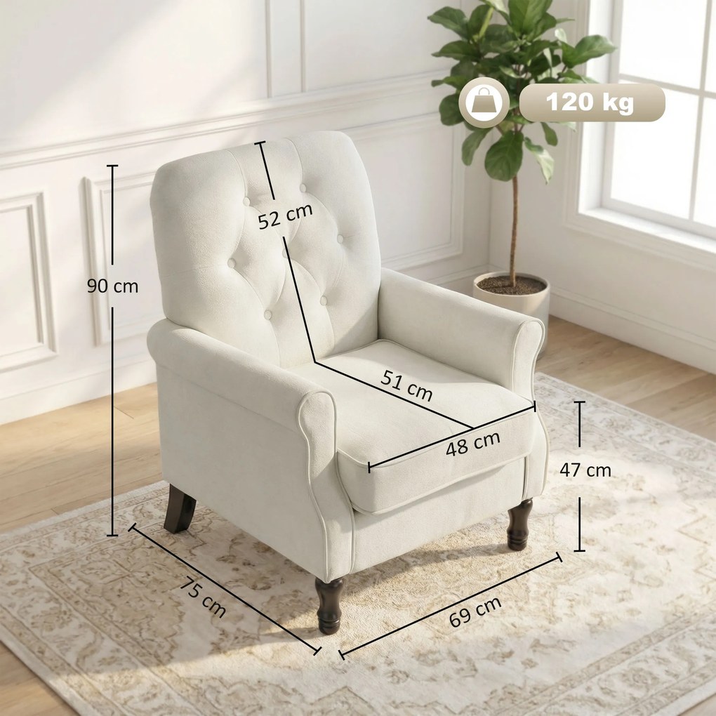 HOMCOM Fotoliu de salon, canapea 1 loc cu șezut căptușit gros, pernă cu arcuri, țesătură tip in, 69x75x90cm, crem | Aosom Romania